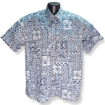 Traditional Blue Tapa Hawaiian shirt- Made in USA 100% Cotton